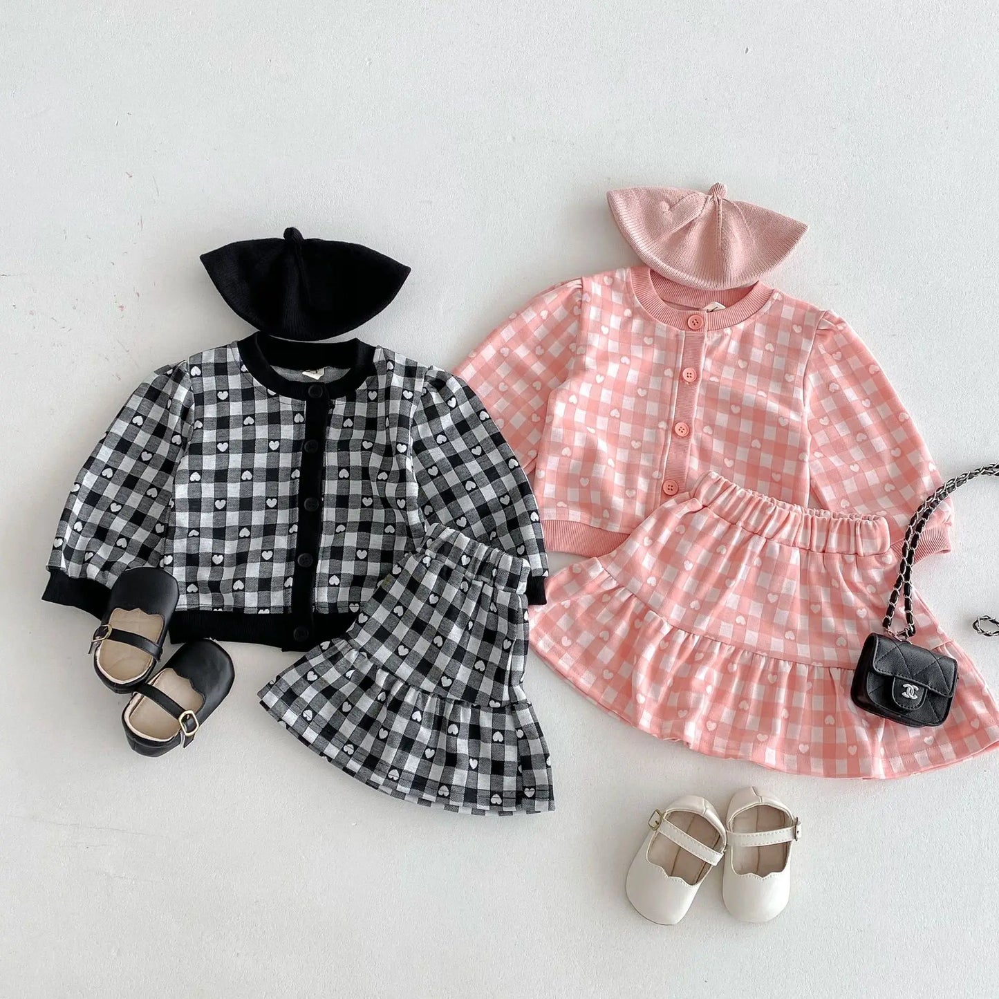 長袖セットアップ キッズセットアップ 2点セット ハートチェック長袖カーディガントップス+スカート 2カラー