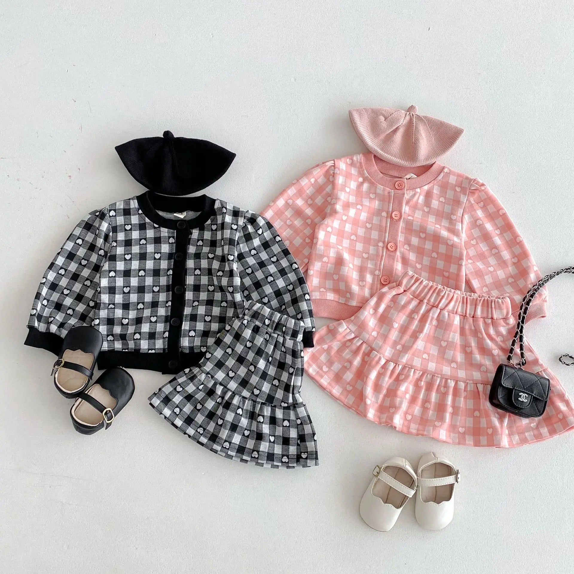 長袖セットアップ キッズセットアップ 2点セット ハートチェック長袖カーディガントップス+スカート 2カラー