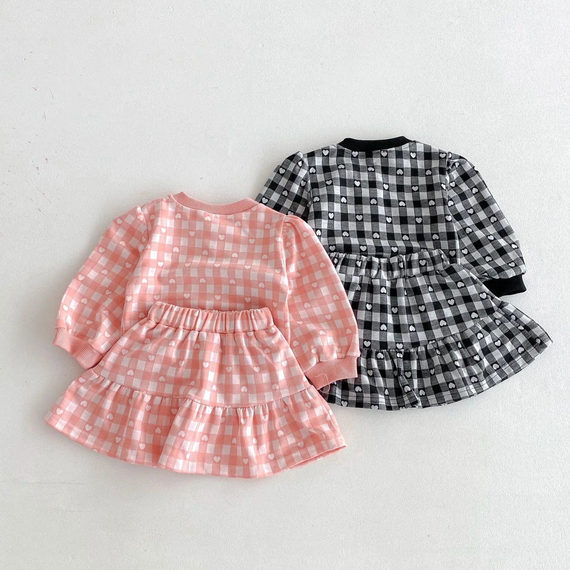 長袖セットアップ キッズセットアップ 2点セット ハートチェック長袖カーディガントップス+スカート 2カラー