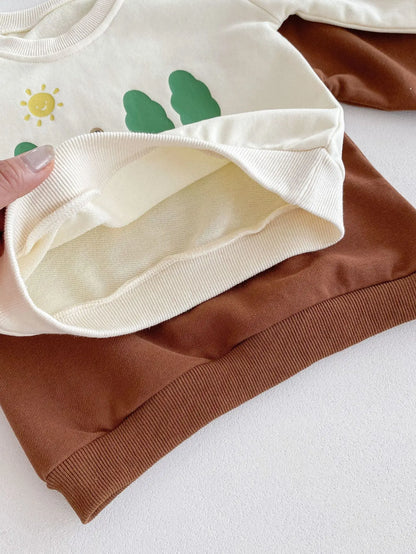 長袖セットアップ ベビーキッズセットアップ 2点セット ハイキングくまさんプリント長袖スウェットシャツ+ロングスウェットパンツ 2カラー