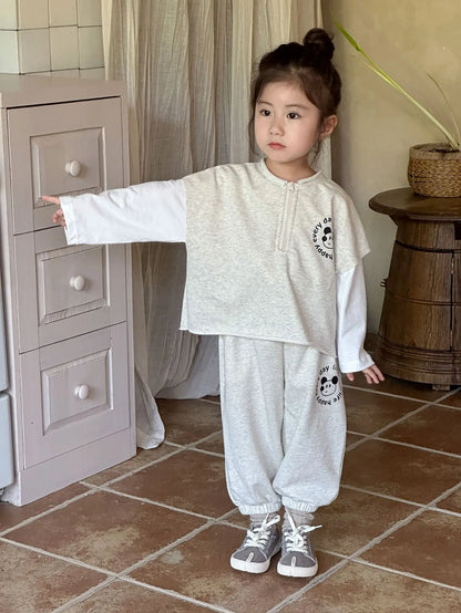 長袖セットアップ キッズセットアップ 2点セット 長袖ドッキングジッパーシャツ+ロングスウェットパンツ ワンポイントプリント 2カラー