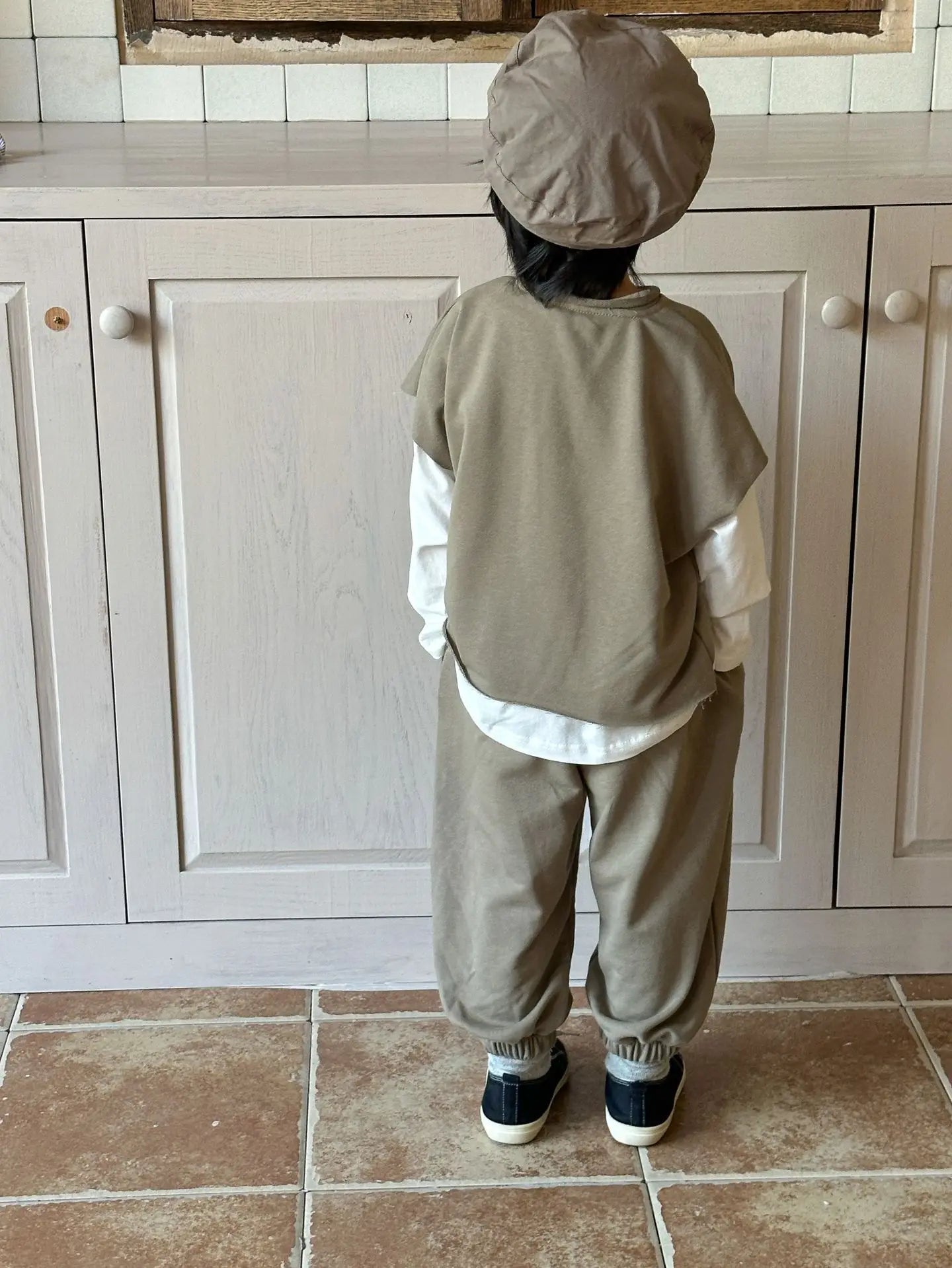 長袖セットアップ キッズセットアップ 2点セット 長袖ドッキングジッパーシャツ+ロングスウェットパンツ ワンポイントプリント 2カラー