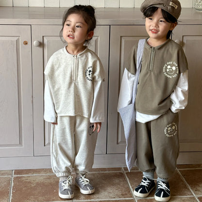 長袖セットアップ キッズセットアップ 2点セット 長袖ドッキングジッパーシャツ+ロングスウェットパンツ ワンポイントプリント 2カラー