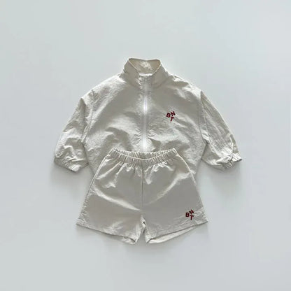 長袖セットアップ キッズセットアップ 2点セット ジッパージャケット+ショートパンツ ウィンドブレーカー 日除け ワンポイント刺繍 2カラー