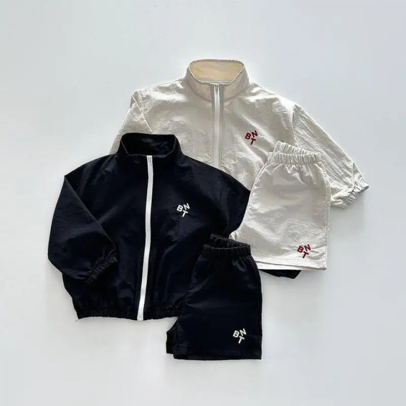 長袖セットアップ キッズセットアップ 2点セット ジッパージャケット+ショートパンツ ウィンドブレーカー 日除け ワンポイント刺繍 2カラー