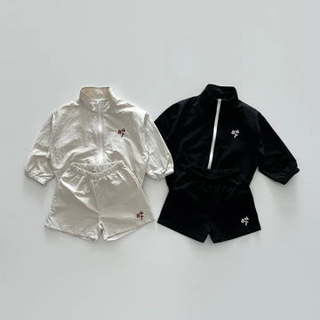 長袖セットアップ キッズセットアップ 2点セット ジッパージャケット+ショートパンツ ウィンドブレーカー 日除け ワンポイント刺繍 2カラー