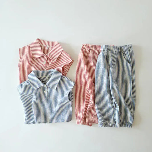 ノースリーブセットアップ キッズセットアップ 2点セット ノースリーブショートシャツ+ロングパンツ ストライプ バックレターロゴプリント 2カラー
