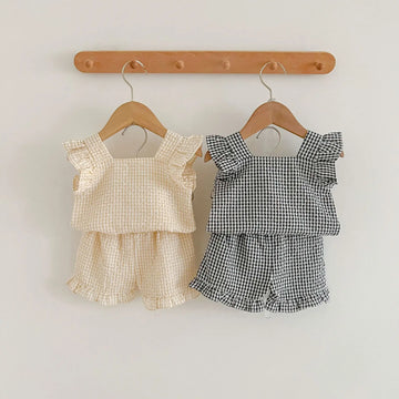 ノースリーブセットアップ ベビーセットアップ 2点セット ショルダーフリルブラウス+裾フリルショートパンツ チェック柄 2カラー