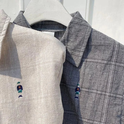 半袖セットアップ ベビーセットアップ 2点セット 半袖シャツ+ショートパンツ グレンチェック ベアくま刺繍 2カラー