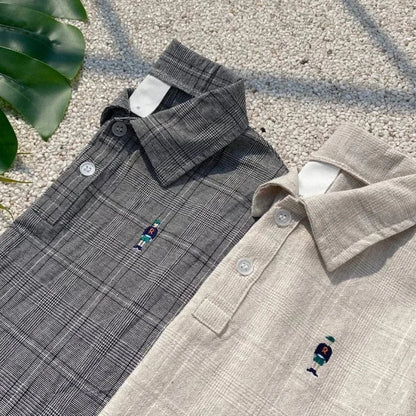 半袖セットアップ ベビーセットアップ 2点セット 半袖シャツ+ショートパンツ グレンチェック ベアくま刺繍 2カラー