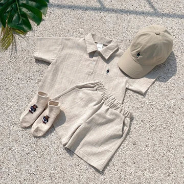 半袖セットアップ ベビーセットアップ 2点セット 半袖シャツ+ショートパンツ グレンチェック ベアくま刺繍 2カラー
