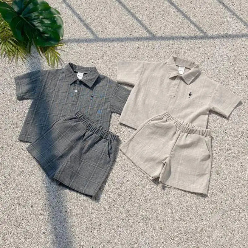 半袖セットアップ ベビーセットアップ 2点セット 半袖シャツ+ショートパンツ グレンチェック ベアくま刺繍 2カラー