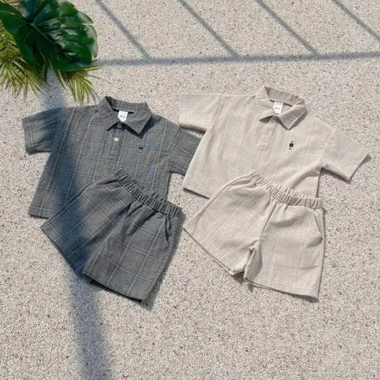 半袖セットアップ ベビーセットアップ 2点セット 半袖シャツ+ショートパンツ グレンチェック ベアくま刺繍 2カラー