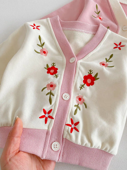 長袖セットアップ ベビーセットアップ 2点セット カーディガン+スウェットパンツ フラワー花柄刺繍 2カラー