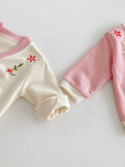 長袖セットアップ ベビーセットアップ 2点セット カーディガン+スウェットパンツ フラワー花柄刺繍 2カラー