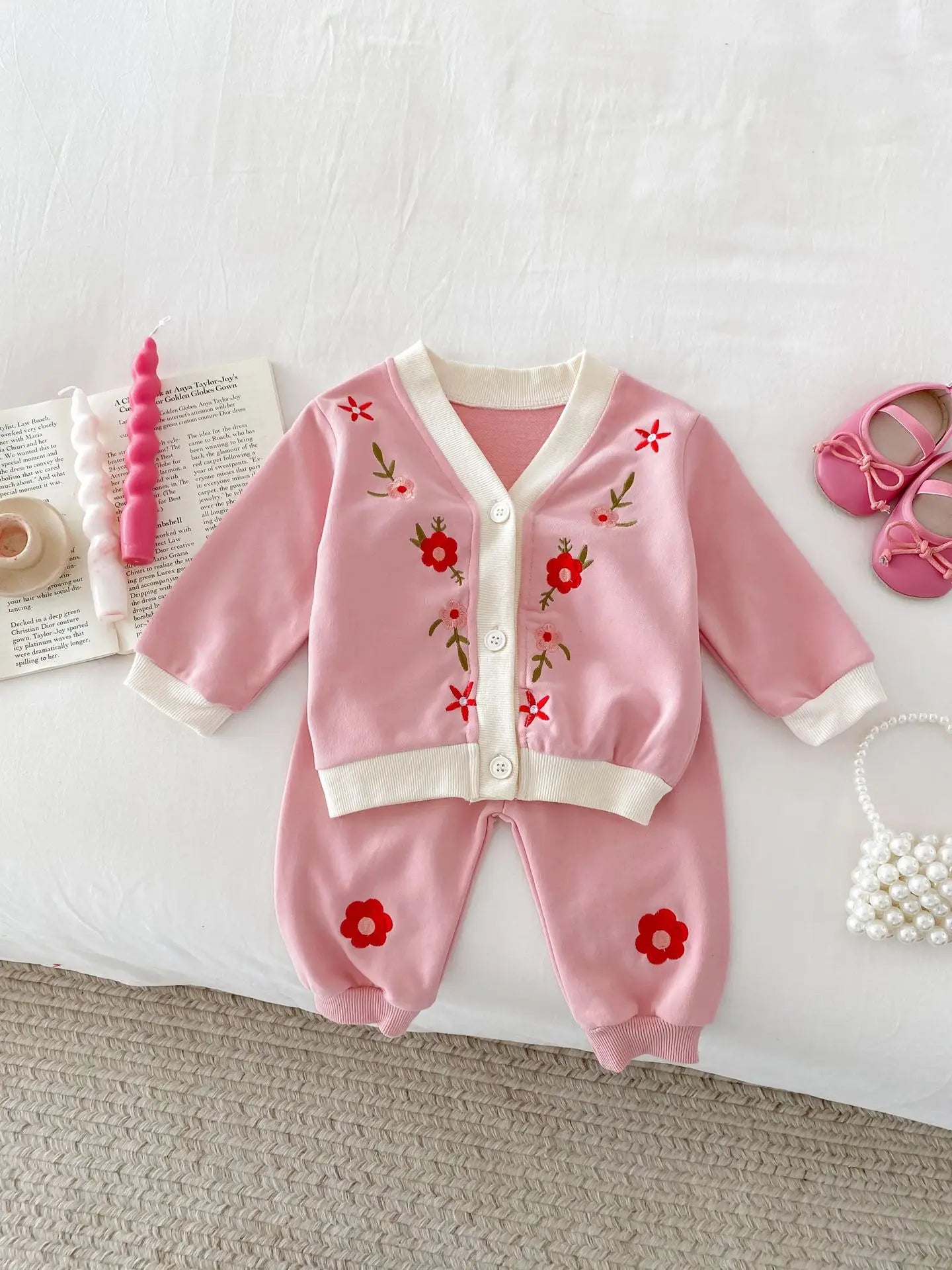 長袖セットアップ ベビーセットアップ 2点セット カーディガン+スウェットパンツ フラワー花柄刺繍 2カラー