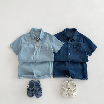 半袖セットアップ キッズセットアップ 2点セット デニム 半袖シャツ+ショートパンツ 2カラー