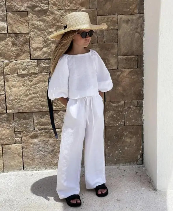 半袖セットアップ キッズセットアップ 2点セット 半袖バルーンスリーブブラウス+ワイドルーズパンツ リゾートスタイル 2カラー