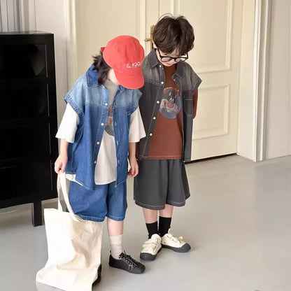 半袖セットアップ キッズセットアップ 2点セット ショートスリーブシャツ+ハーフパンツ デニム 2カラー