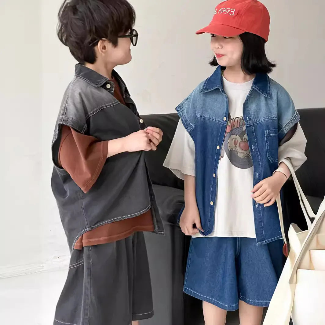 半袖セットアップ キッズセットアップ 2点セット ショートスリーブシャツ+ハーフパンツ デニム 2カラー