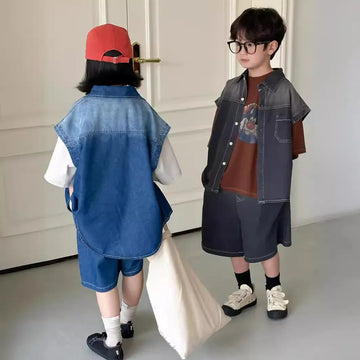 半袖セットアップ キッズセットアップ 2点セット ショートスリーブシャツ+ハーフパンツ デニム 2カラー