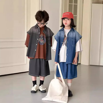 半袖セットアップ キッズセットアップ 2点セット ショートスリーブシャツ+ハーフパンツ デニム 2カラー