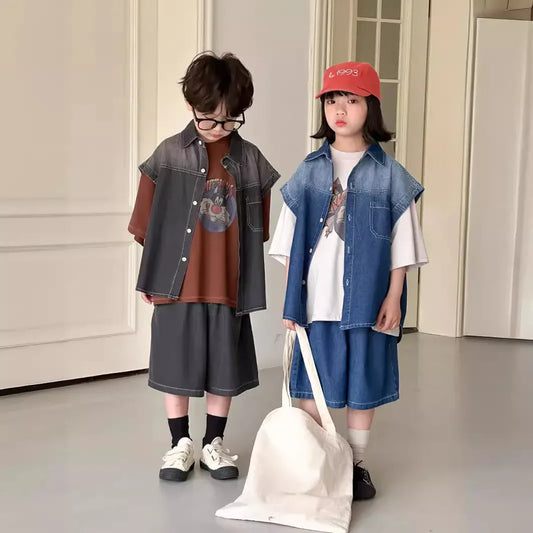 半袖セットアップ キッズセットアップ 2点セット ショートスリーブシャツ+ハーフパンツ デニム 2カラー