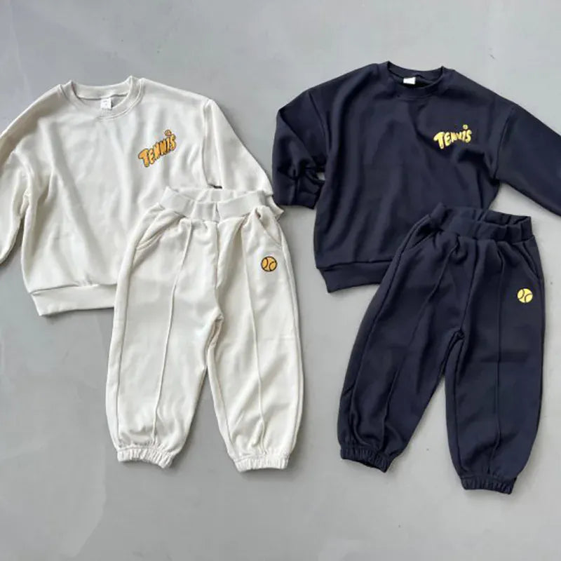 長袖セットアップ キッズセットアップ 2点セット スウェットシャツ+スウェットパンツ テニス レターロゴプリント 2カラー