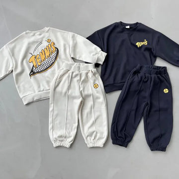 長袖セットアップ キッズセットアップ 2点セット スウェットシャツ+スウェットパンツ テニス レターロゴプリント 2カラー