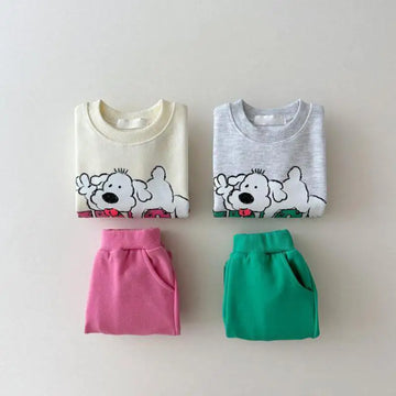長袖セットアップ キッズセットアップ 2点セット スウェットシャツ+スウェットパンツ 犬ドッグプリント 2カラー