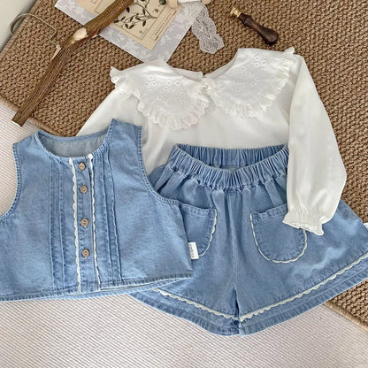 ノースリーブセットアップ ベビーキッズセットアップ 2点セット デニム ノースリーブベストブラウス+ショートパンツ キュロットパンツ 2カラー