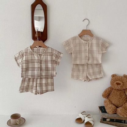 半袖セットアップ ☺︎ ベビーセットアップ 2点セット 半袖シャツ+ショートパンツ チェック柄 2カラー