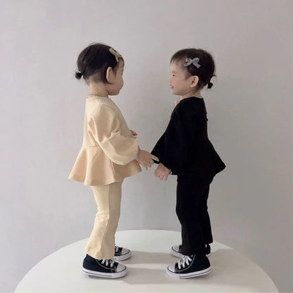 長袖セットアップ ベビーセットアップ 2点セット パフスリーブトップス + フレアパンツ ブラック/アプリコット/2カラー