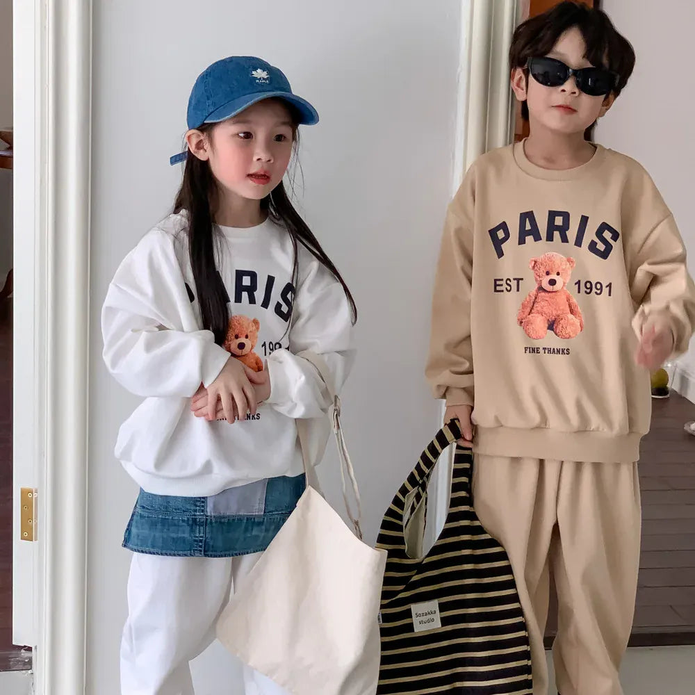 長袖セットアップ キッズセットアップ 2点セット スウェットシャツ トレーナー スウェットパンツ ベアくまプリント カーキ/ホワイト/2カラー