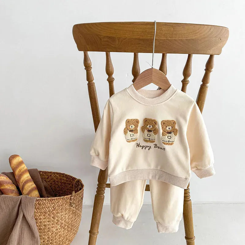 長袖セットアップ ベビーセットアップ 2点セット スウェットトレーナー スウェットパンツ ベアくま刺繍  ベージュ/ブラウン/2カラー