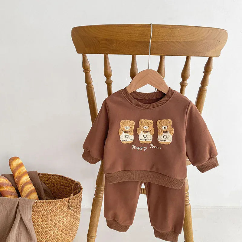 長袖セットアップ ベビーセットアップ 2点セット スウェットトレーナー スウェットパンツ ベアくま刺繍  ベージュ/ブラウン/2カラー