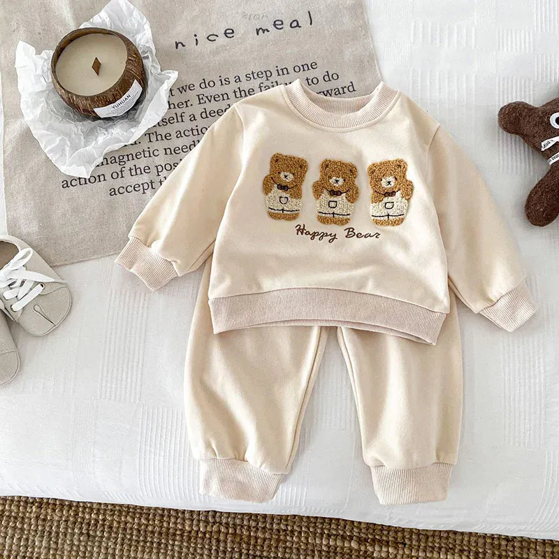 長袖セットアップ ベビーセットアップ 2点セット スウェットトレーナー スウェットパンツ ベアくま刺繍  ベージュ/ブラウン/2カラー