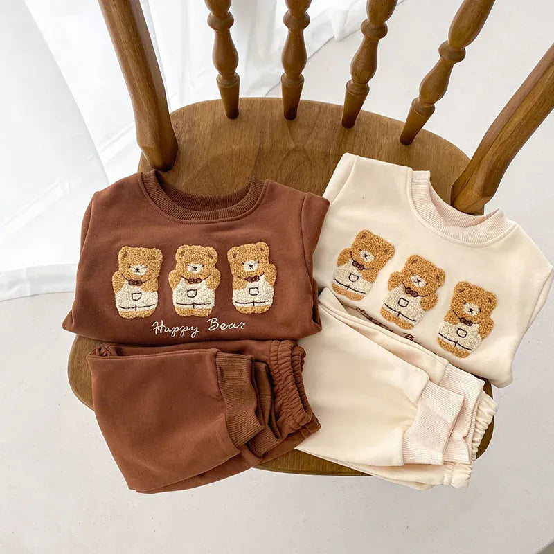 長袖セットアップ ベビーセットアップ 2点セット スウェットトレーナー スウェットパンツ ベアくま刺繍  ベージュ/ブラウン/2カラー