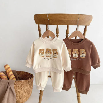 長袖セットアップ ベビーセットアップ 2点セット スウェットトレーナー スウェットパンツ ベアくま刺繍  ベージュ/ブラウン/2カラー