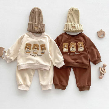 長袖セットアップ ベビーセットアップ 2点セット スウェットトレーナー スウェットパンツ ベアくま刺繍  ベージュ/ブラウン/2カラー