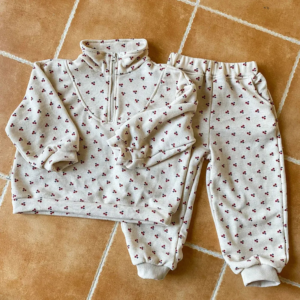 長袖セットアップ キッズセットアップ 2点セット ハーフジップスウェットシャツ ロングパンツ フラワー花柄プリント 2カラー