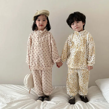 長袖セットアップ キッズセットアップ 2点セット ハーフジップスウェットシャツ ロングパンツ フラワー花柄プリント 2カラー