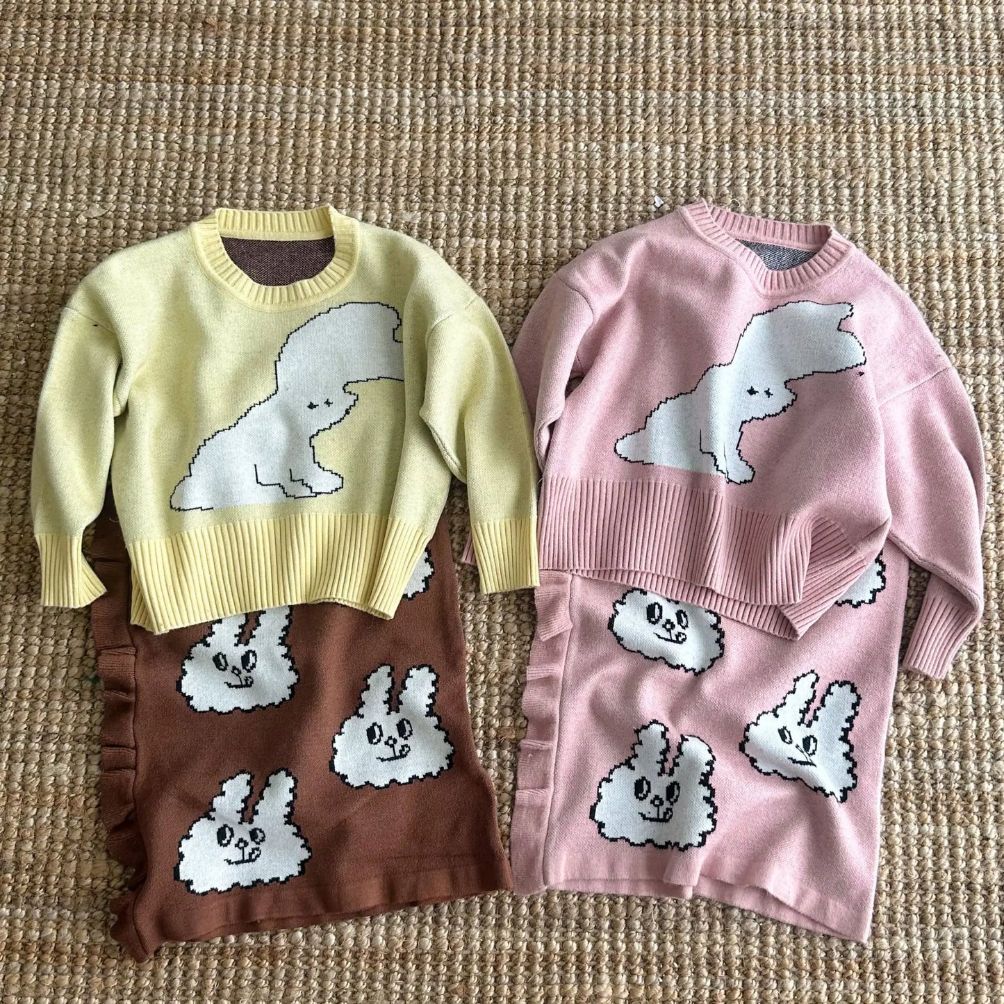 長袖セットアップ キッズセットアップ 2点セット ニットセーター ロングスカート うさぎバニー 2カラー