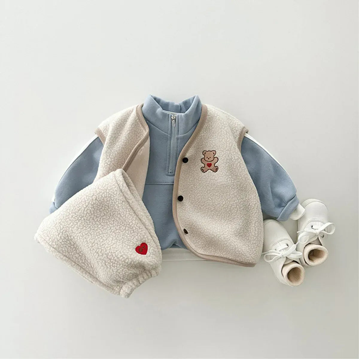 ノースリーブセットアップ ベビーセットアップ 2点セット フリースベスト パンツ くまベア刺繍 2カラー ボーイズ 男の子 子供服