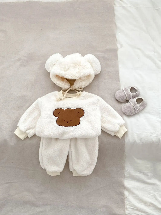 長袖セットアップ ベビーセットアップ 2点セット フリーススウェット クマベア刺繍 トップス パンツ ホワイト ブラウン 2カラー ユニセックス 男の子 女の子 子供服