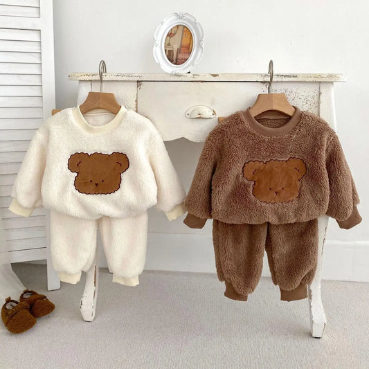 長袖セットアップ ベビーセットアップ 2点セット フリーススウェット クマベア刺繍 トップス パンツ ホワイト ブラウン 2カラー ユニセックス 男の子 女の子 子供服