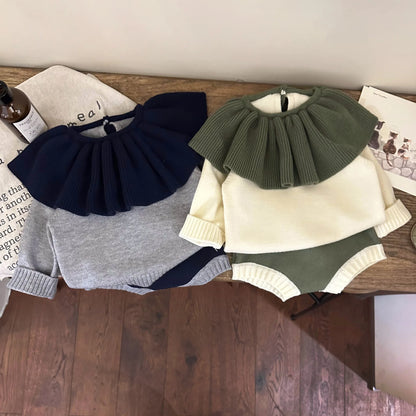 長袖セットアップ ベビーセットアップ 2点セット 長袖フリルカラーセータートップス ブルマパンツ 2カラー【mh0004372】