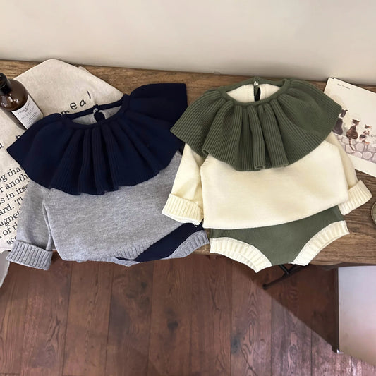 長袖セットアップ ベビーセットアップ 2点セット 長袖フリルカラーセータートップス ブルマパンツ 2カラー【mh0004372】