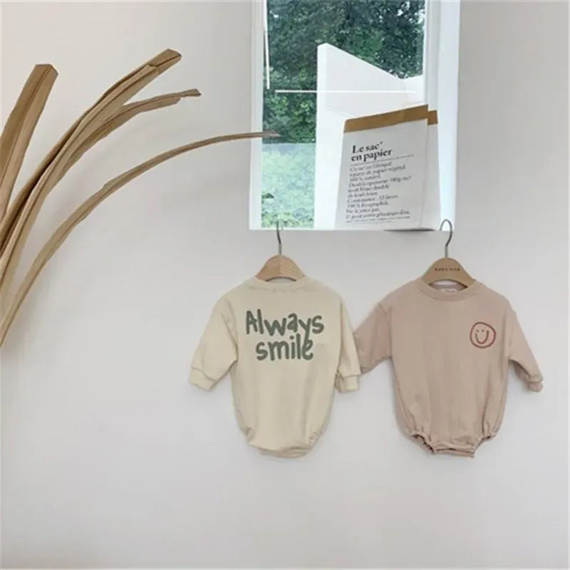 長袖セットアップ ベビーセットアップ 2点セット/ロンパース スマイル レターロゴプリント 長袖ロンパース/スウェットシャツ+パンツ 2カラー【mh0004759】