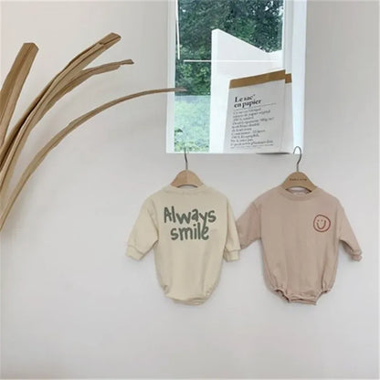 長袖セットアップ ベビーセットアップ 2点セット/ロンパース スマイル レターロゴプリント 長袖ロンパース/スウェットシャツ+パンツ 2カラー【mh0004759】